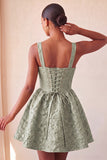 A-Line Jacquard Yellow Floral Lace Up Back Short Ball Dress with Bow