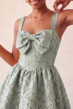 A-Line Jacquard Yellow Floral Lace Up Back Short Ball Dress with Bow
