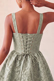 A-Line Jacquard Yellow Floral Lace Up Back Short Ball Dress with Bow
