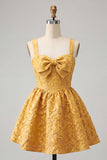 A-Line Jacquard Yellow Floral Lace Up Back Short Ball Dress with Bow