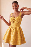 A-Line Jacquard Yellow Floral Lace Up Back Short Ball Dress with Bow
