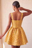 A-Line Jacquard Yellow Floral Lace Up Back Short Ball Dress with Bow