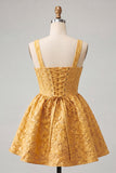 A-Line Jacquard Yellow Floral Lace Up Back Short Ball Dress with Bow