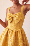 A-Line Jacquard Yellow Floral Lace Up Back Short Ball Dress with Bow