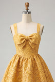 A-Line Jacquard Yellow Floral Lace Up Back Short Ball Dress with Bow