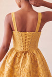 A-Line Jacquard Yellow Floral Lace Up Back Short Ball Dress with Bow