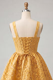 A-Line Jacquard Yellow Floral Lace Up Back Short Ball Dress with Bow