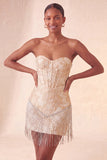 Lake Blue Sweetheart Corset Jacquard Short Party Dress with Fringes