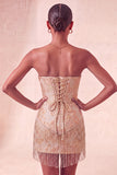 Lake Blue Sweetheart Corset Jacquard Short Party Dress with Fringes
