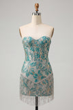 Lake Blue Sweetheart Corset Jacquard Short Party Dress with Fringes