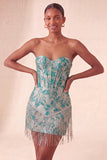 Lake Blue Sweetheart Corset Jacquard Short Party Dress with Fringes
