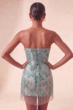 Lake Blue Sweetheart Corset Jacquard Short Party Dress with Fringes