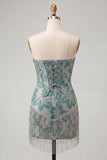 Lake Blue Sweetheart Corset Jacquard Short Party Dress with Fringes