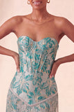Lake Blue Sweetheart Corset Jacquard Short Party Dress with Fringes