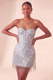 Lake Blue Sweetheart Corset Jacquard Short Party Dress with Fringes