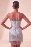 Lake Blue Sweetheart Corset Jacquard Short Party Dress with Fringes