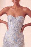 Lake Blue Sweetheart Corset Jacquard Short Party Dress with Fringes