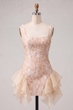 Champagne Jacquard Square Neck Lace Up Back Tight Short Ball Dress with Ruffles