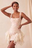 Champagne Jacquard Square Neck Lace Up Back Tight Short Ball Dress with Ruffles