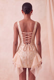 Champagne Jacquard Square Neck Lace Up Back Tight Short Ball Dress with Ruffles