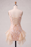 Champagne Jacquard Square Neck Lace Up Back Tight Short Ball Dress with Ruffles