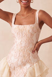Champagne Jacquard Square Neck Lace Up Back Tight Short Ball Dress with Ruffles