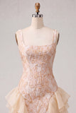 Champagne Jacquard Square Neck Lace Up Back Tight Short Ball Dress with Ruffles
