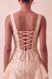 Champagne Jacquard Square Neck Lace Up Back Tight Short Ball Dress with Ruffles