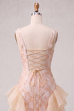 Champagne Jacquard Square Neck Lace Up Back Tight Short Ball Dress with Ruffles