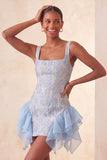 Champagne Jacquard Square Neck Lace Up Back Tight Short Ball Dress with Ruffles