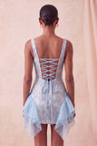 Champagne Jacquard Square Neck Lace Up Back Tight Short Ball Dress with Ruffles
