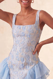 Champagne Jacquard Square Neck Lace Up Back Tight Short Ball Dress with Ruffles