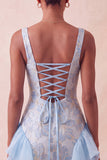 Champagne Jacquard Square Neck Lace Up Back Tight Short Ball Dress with Ruffles
