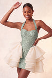 Light Pink Halter Neck Floral Lace Up Back Bodycon Short Ball Dress with Ruffles