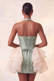 Light Pink Halter Neck Floral Lace Up Back Bodycon Short Ball Dress with Ruffles