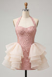 Light Pink Halter Neck Floral Lace Up Back Bodycon Short Ball Dress with Ruffles
