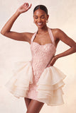 Light Pink Halter Neck Floral Lace Up Back Bodycon Short Ball Dress with Ruffles