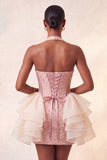 Light Pink Halter Neck Floral Lace Up Back Bodycon Short Ball Dress with Ruffles