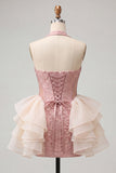 Light Pink Halter Neck Floral Lace Up Back Bodycon Short Ball Dress with Ruffles