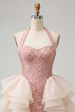 Light Pink Halter Neck Floral Lace Up Back Bodycon Short Ball Dress with Ruffles
