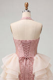 Light Pink Halter Neck Floral Lace Up Back Bodycon Short Ball Dress with Ruffles