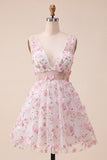 Blush V-Neck Floral A-Line Short Ball Dress with Lace Up Back