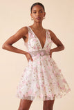 Blush V-Neck Floral A-Line Short Ball Dress with Lace Up Back