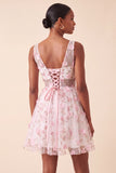 Blush V-Neck Floral A-Line Short Ball Dress with Lace Up Back
