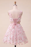 Blush V-Neck Floral A-Line Short Ball Dress with Lace Up Back