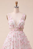 Blush V-Neck Floral A-Line Short Ball Dress with Lace Up Back