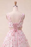 Blush V-Neck Floral A-Line Short Ball Dress with Lace Up Back