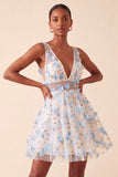 Blush V-Neck Floral A-Line Short Ball Dress with Lace Up Back