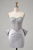 Silver Sweetheart Corset Lace Up Back Bodycon Short Ball Dress with Bow