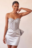 Silver Sweetheart Corset Lace Up Back Bodycon Short Ball Dress with Bow